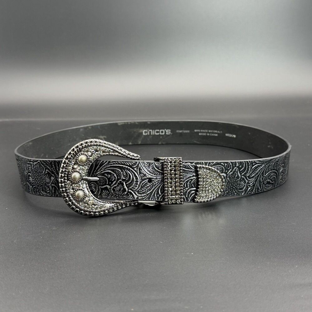 Chico's Women's M Black Floral Embossed Faux Leather Belt Rhinestone Buckle NWT - Picture 2 of 9